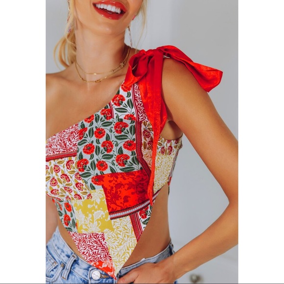 Tops - Red Floral Ribbon One Shoulder Top